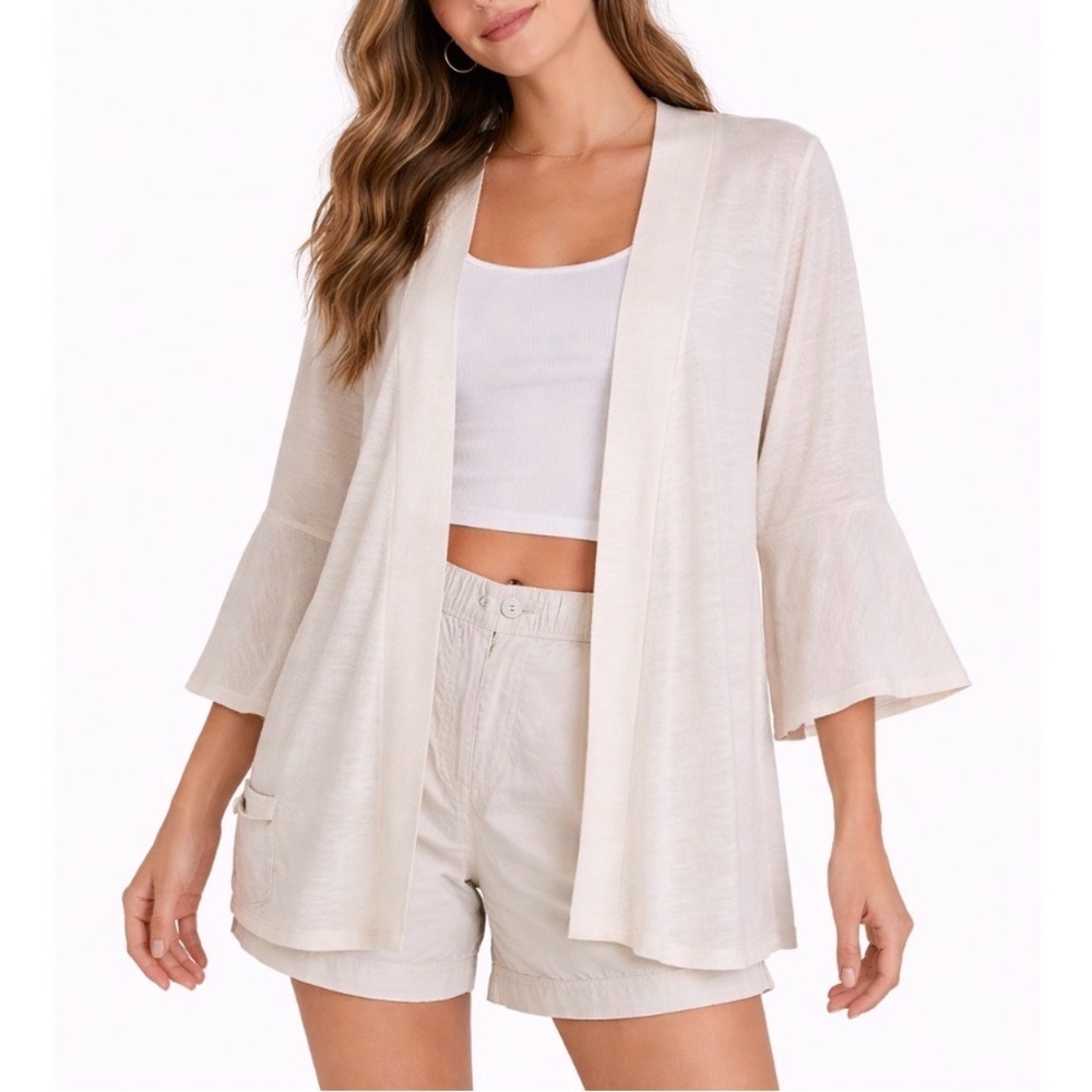 LC Lauren Conrad cream peach open front lightweight trumpet sleeve cardigan SZ M
